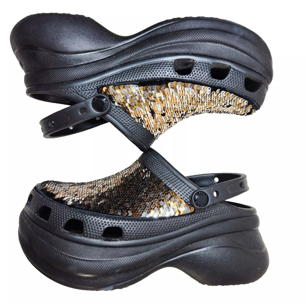 CROCS Classic Bae Silver Gold Sequin Platform Clog Sz 9 Black Multi - Picture 10 of 14